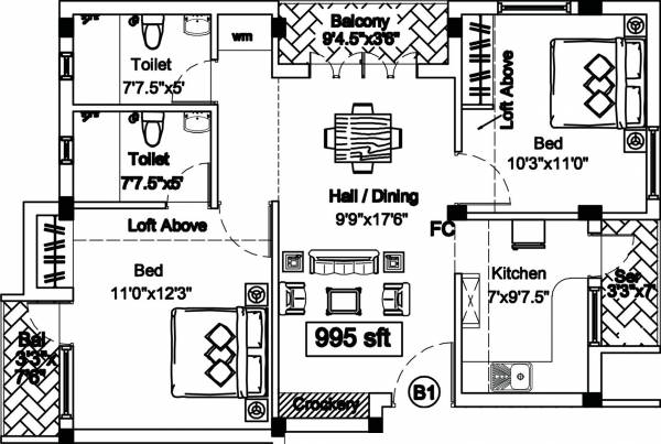 Sri Vishwaksena Sreenidhi (2BHK+2T (995 sq ft) 995 sq ft)