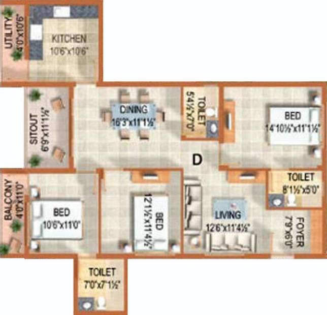 Arima Sunnyside (3BHK+3T (1,635 sq ft) 1635 sq ft)