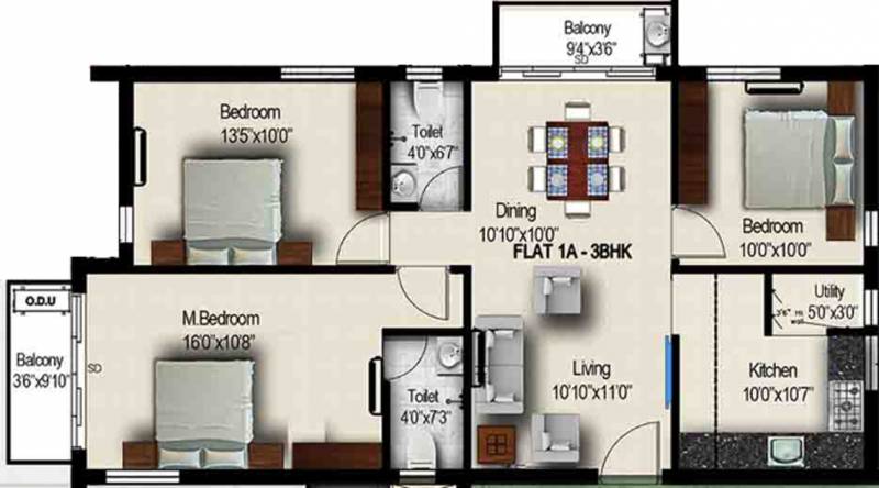 Aanjana Ruthira Residency (3BHK+2T (1,231 sq ft) 1231 sq ft)