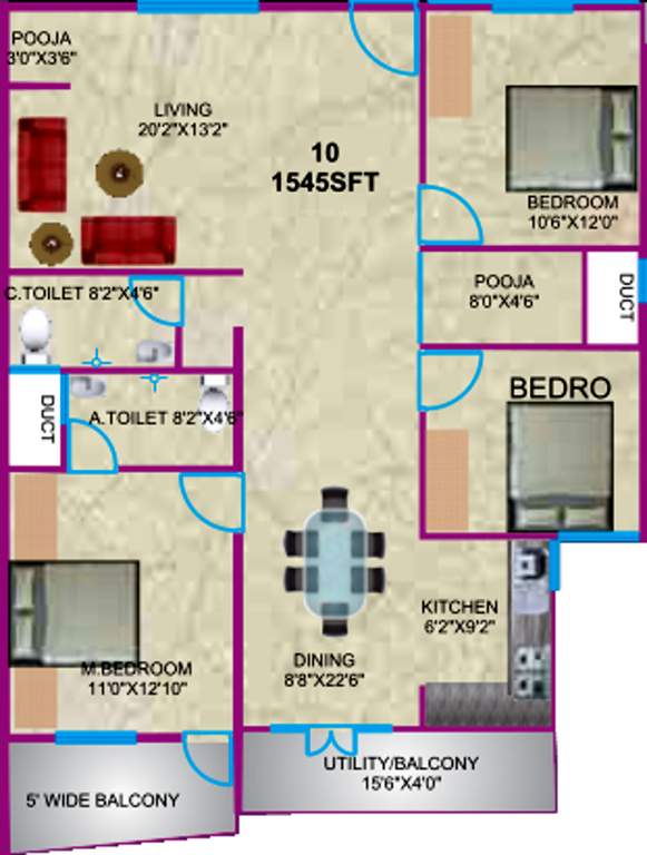 Sumukha Telecom Clusters (3BHK+2T (1,545 sq ft)   Pooja Room 1545 sq ft)