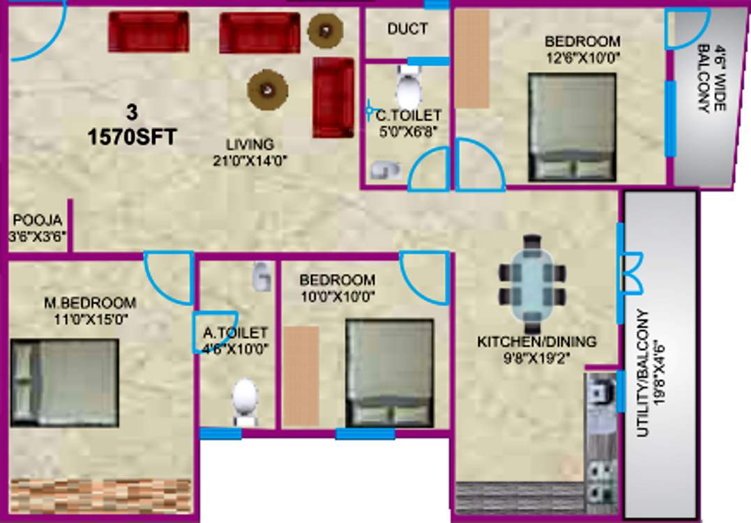 Sumukha Telecom Clusters (3BHK+2T (1,570 sq ft) 1570 sq ft)