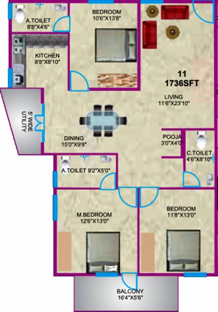 Sumukha Telecom Clusters (3BHK+3T (1,736 sq ft)   Pooja Room 1736 sq ft)