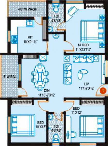 Floor Plan (3BHK+2T (1,400 sq ft) 1400 sq ft) BR Constructions Hemadurga Signature Floor Plan (3BHK+2T (1,400 sq ft) 1400 sq ft)