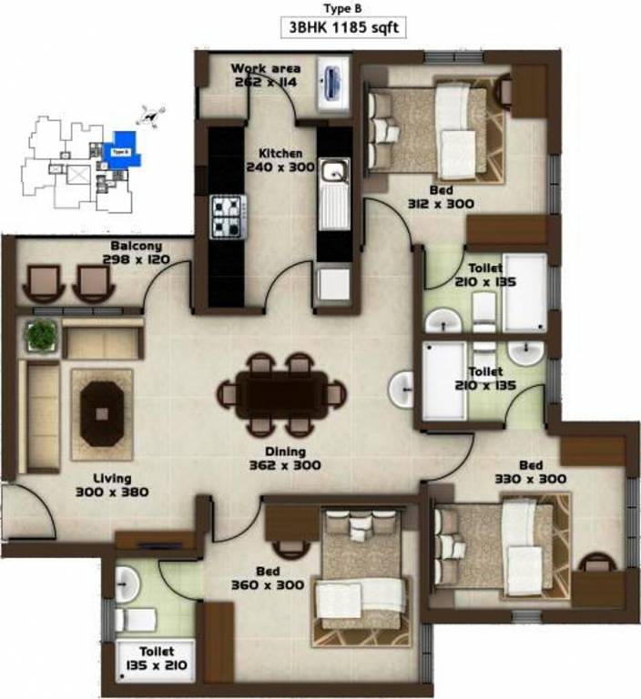 Kalyan Opal (3BHK+3T (1,185 sq ft) 1185 sq ft)