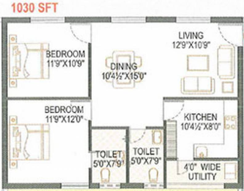 Kallam Samskruti Floor Plan (2BHK+2T (1,030 sq ft) 1030 sq ft)