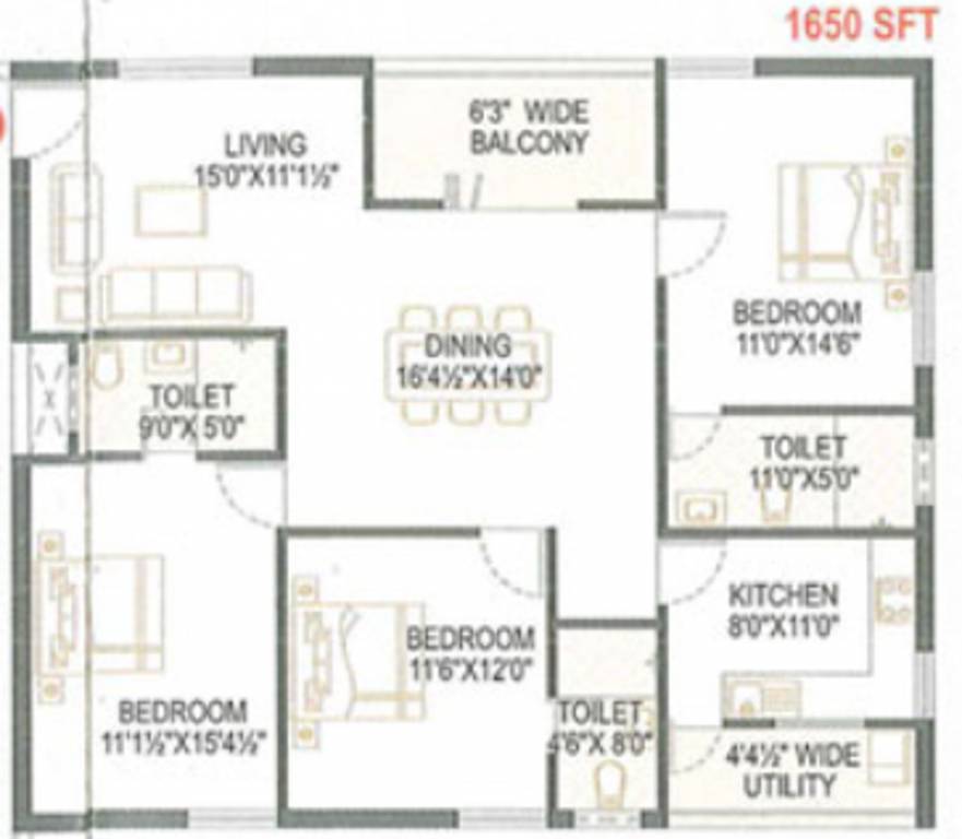 Floor Plan (3BHK+3T (1,650 sq ft) 1650 sq ft) Kallam Samskruti Floor Plan (3BHK+3T (1,650 sq ft) 1650 sq ft)