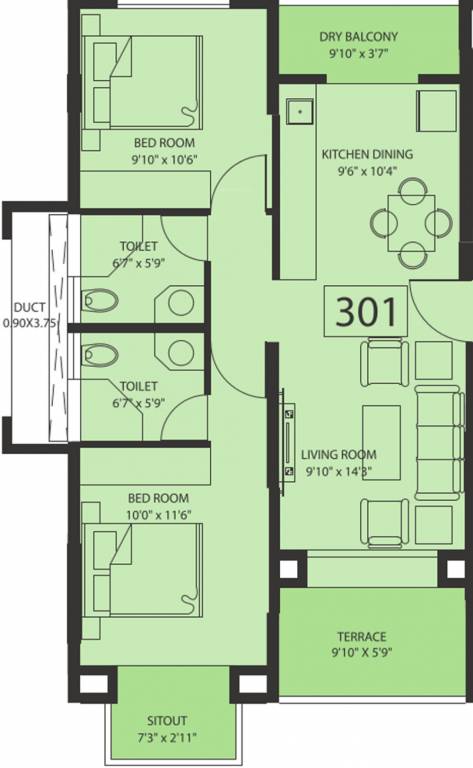 Sharada Myria (2BHK+2T (930 sq ft) 930 sq ft)