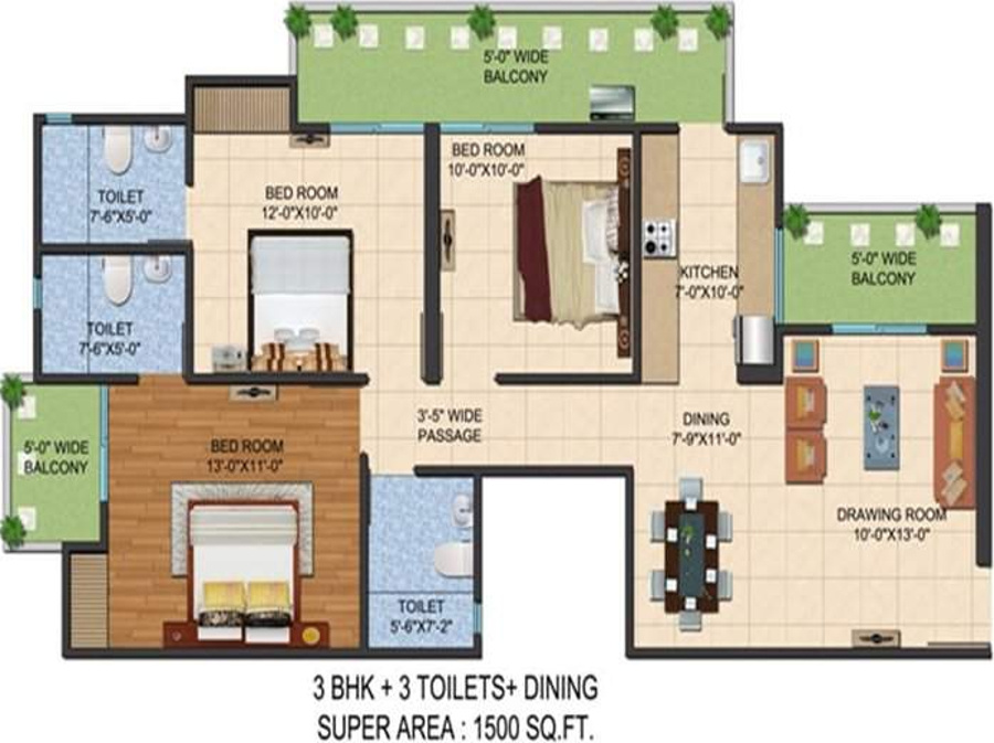 Ajnara LeGarden (3BHK+3T (1,500 sq ft) 1500 sq ft)
