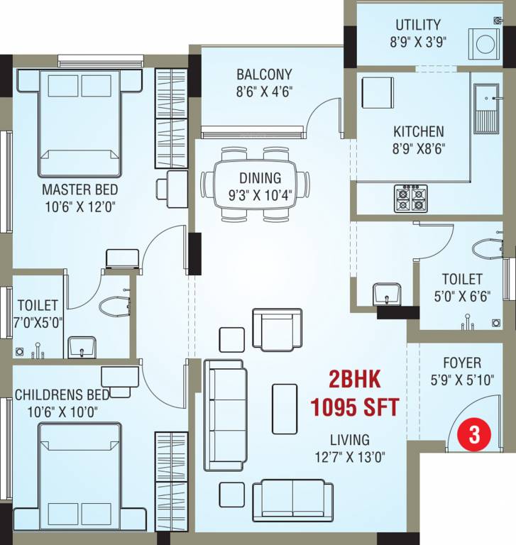 IN Sunlight Moonlight (2BHK+2T (1,095 sq ft) 1095 sq ft)