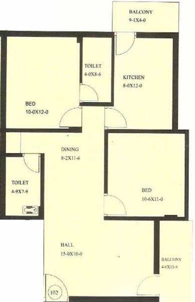 Floor Plan (2BHK+2T (1,036 sq ft) 1036 sq ft) Adith Constructions Cascia Victoria Floor Plan (2BHK+2T (1,036 sq ft) 1036 sq ft)