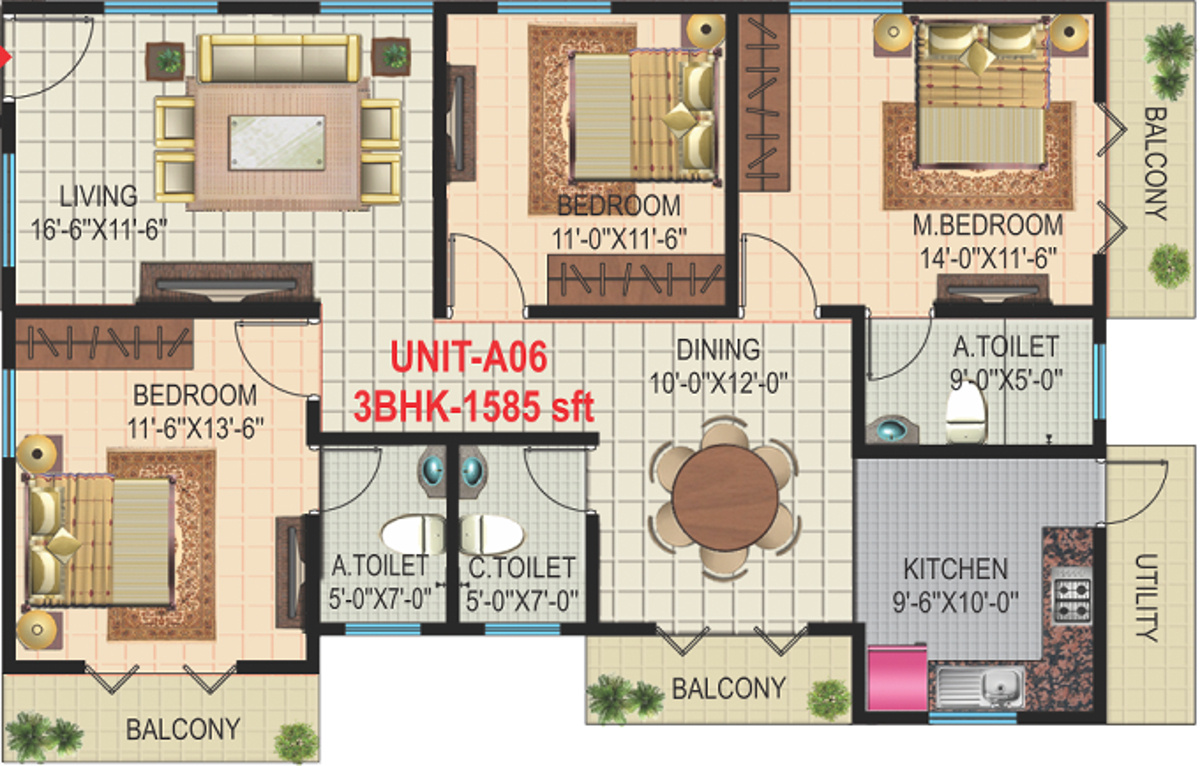 Amigo Lake View (3BHK+3T (1,585 sq ft) 1585 sq ft)