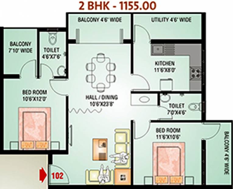 Horizon Properties Oriole Horizon (2BHK+2T (1,155 sq ft) 1155 sq ft)