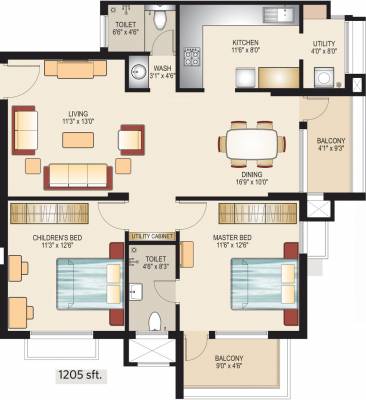 MK Builders And Developers Mangalore Maurya Residency Floor Plan (2BHK+2T (1,205 sq ft) 1205 sq ft)