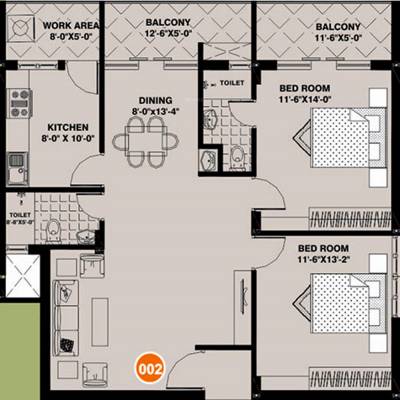 Marwa De Marvella Floor Plan (2BHK+2T (1,212 sq ft) 1212 sq ft)