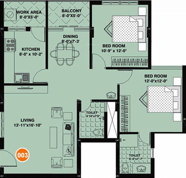 Marwa De Marvella Floor Plan (2BHK+2T (1,137 sq ft) 1137 sq ft)