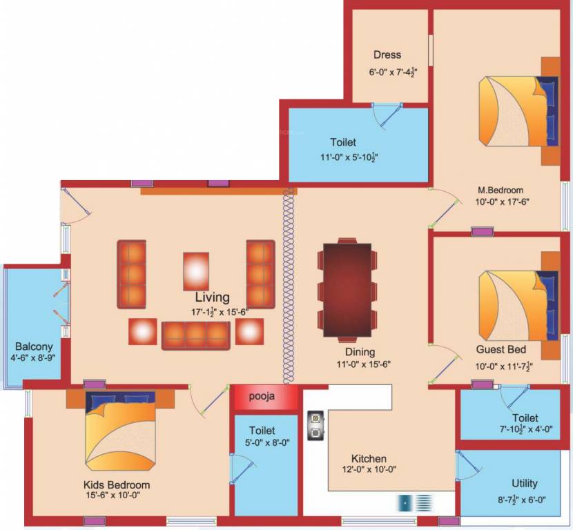 Saffron Shelters Peace Cottage Floor Plan (3BHK+3T (1,720 sq ft) 1720 sq ft)