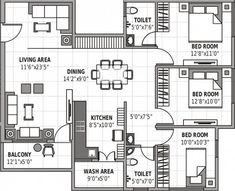 Leverage Greens Apartment (3BHK+2T (1,330 sq ft) 1330 sq ft)