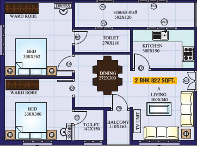 Salim Associates Nandanam Paradise Floor Plan (2BHK+2T (822 sq ft) 822 sq ft)