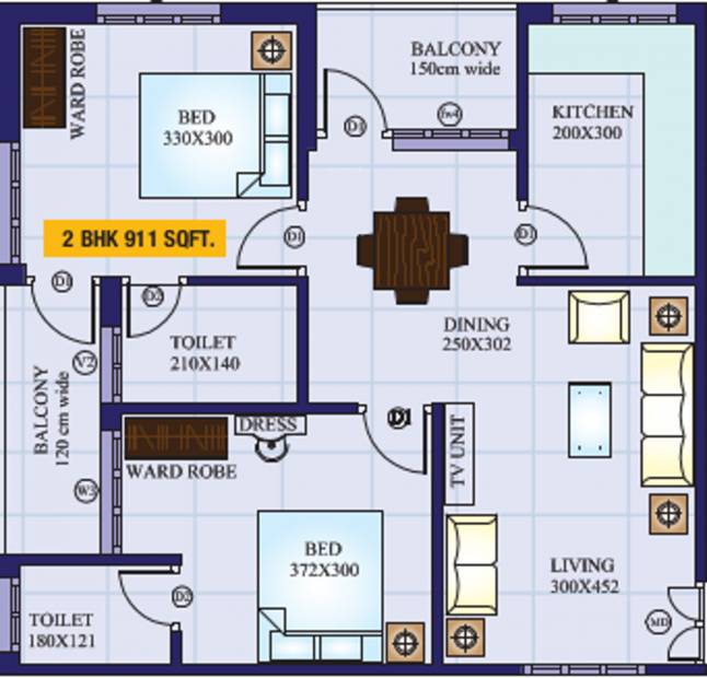 Salim Associates Nandanam Paradise Floor Plan (2BHK+2T (911 sq ft) 911 sq ft)