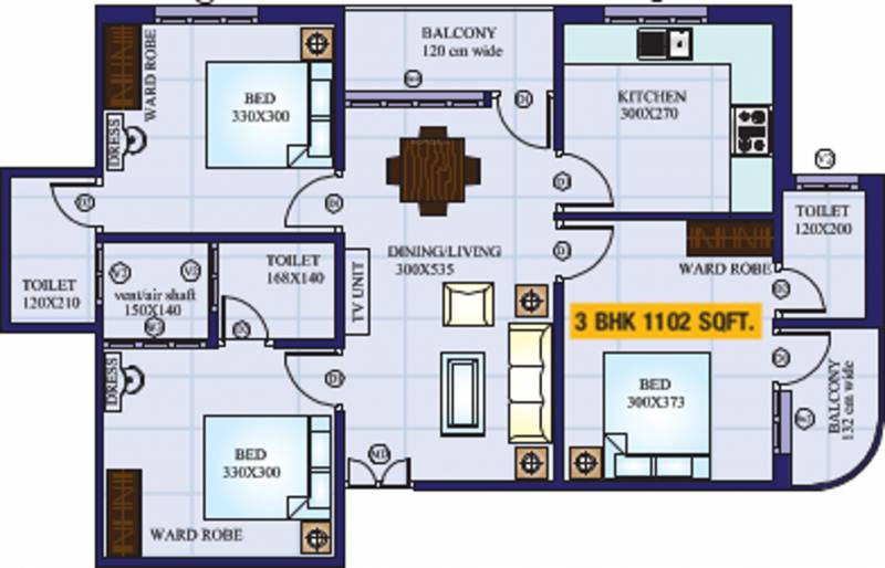 Salim Associates Nandanam Paradise Floor Plan (3BHK+3T (1,102 sq ft) 1102 sq ft)