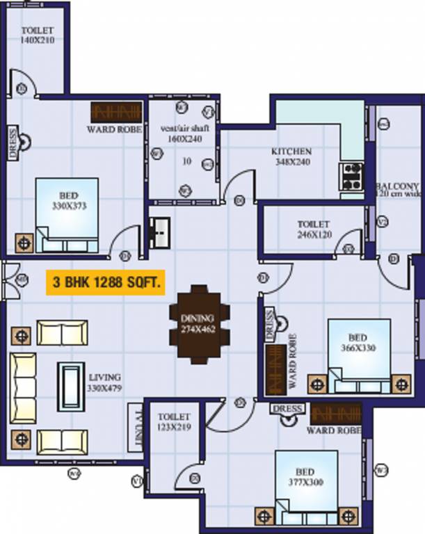 Salim Associates Nandanam Paradise Floor Plan (3BHK+3T (1,288 sq ft) 1288 sq ft)