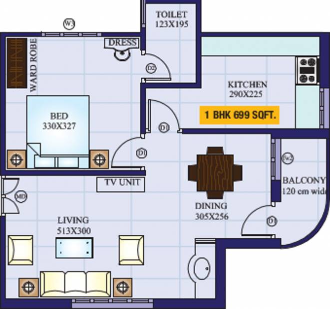 Salim Associates Nandanam Paradise Floor Plan (1BHK+1T (699 sq ft) 699 sq ft)