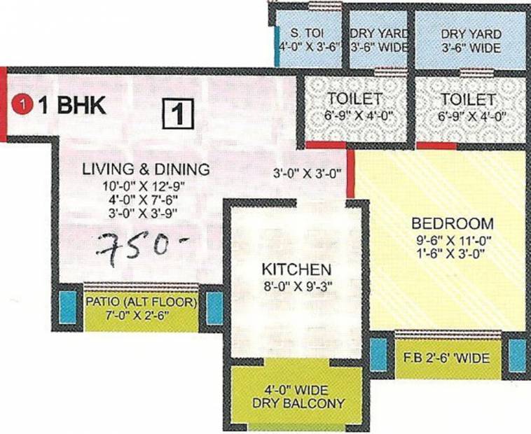 Sadguru Developers Laxmi Heaven Floor Plan (1BHK+2T (750 sq ft) 750 sq ft)