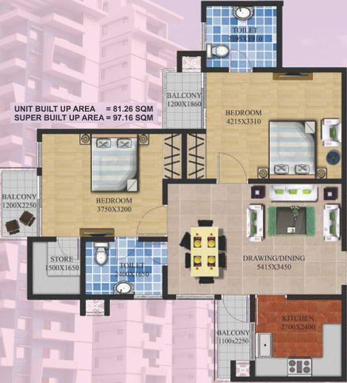 1045 sq ft 2 BHK 2T Apartment for Sale in UPAVP Ganga Yamuna And Hindon