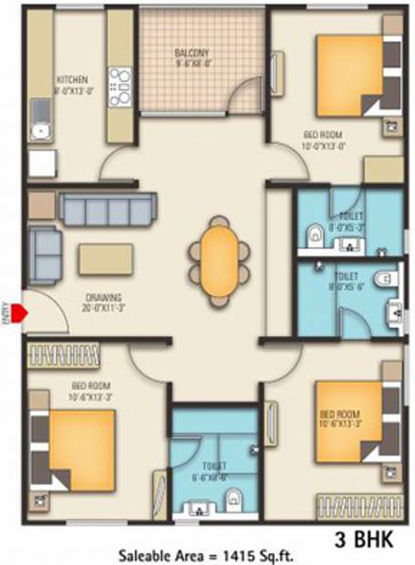 Krishna Alankar Residency (3BHK+3T (1,415 sq ft) 1415 sq ft)