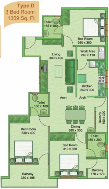 Group Four Developers Acropolis Floor Plan (3BHK+3T (1,359 sq ft) 1359 sq ft)