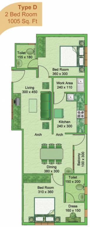 Group Four Developers Acropolis Floor Plan (2BHK+2T (1,005 sq ft) 1005 sq ft)