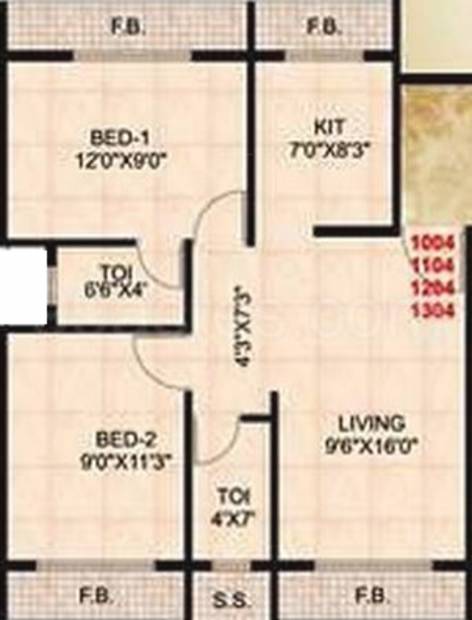 S R Good Luck Heights Floor Plan (2BHK+2T (1,090 sq ft) 1090 sq ft)