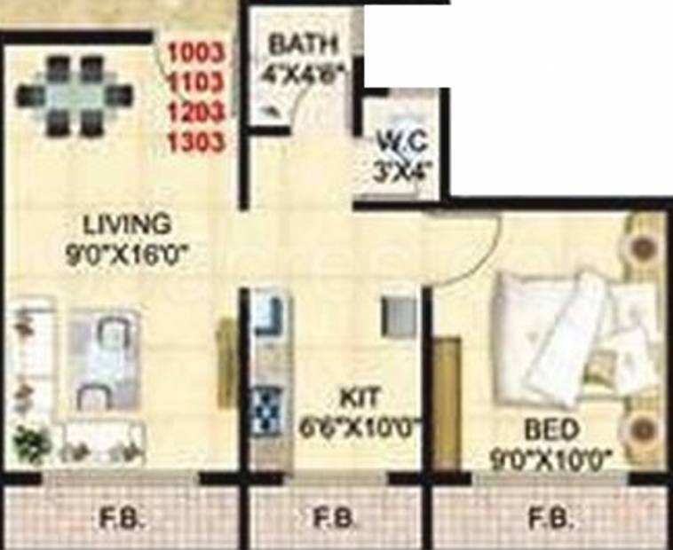 S R Good Luck Heights Floor Plan (1BHK+1T (675 sq ft) 675 sq ft)