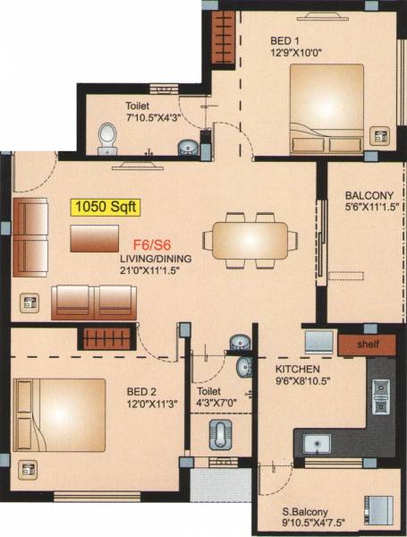 Ruby Ashok Manor Parvathy Nagar (2BHK+2T (1,050 sq ft) 1050 sq ft)