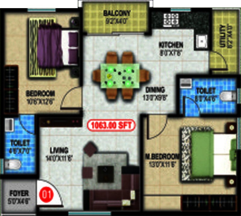 Apple Crystal Apartments (2BHK+2T (1,063 sq ft) 1063 sq ft)