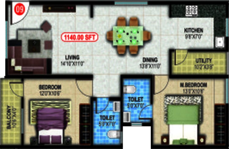 Apple Crystal Apartments (2BHK+2T (1,140 sq ft) 1140 sq ft)