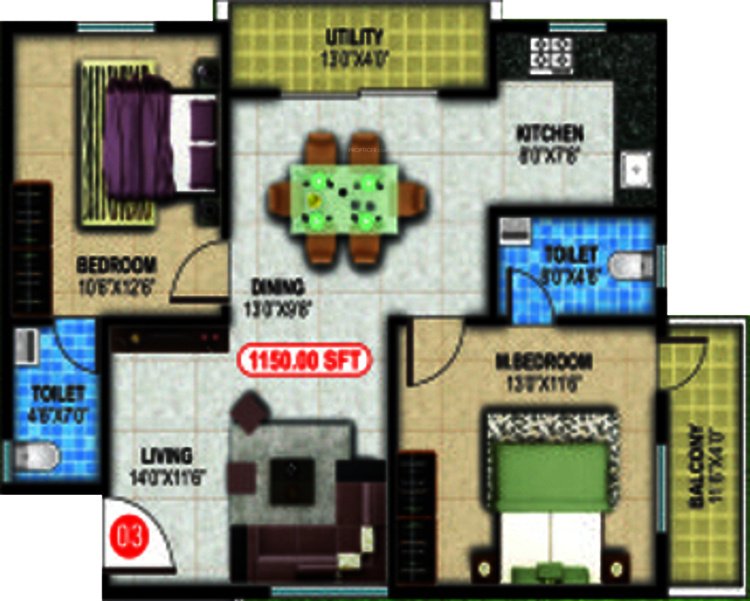 Apple Crystal Apartments (2BHK+2T (1,150 sq ft) 1150 sq ft)