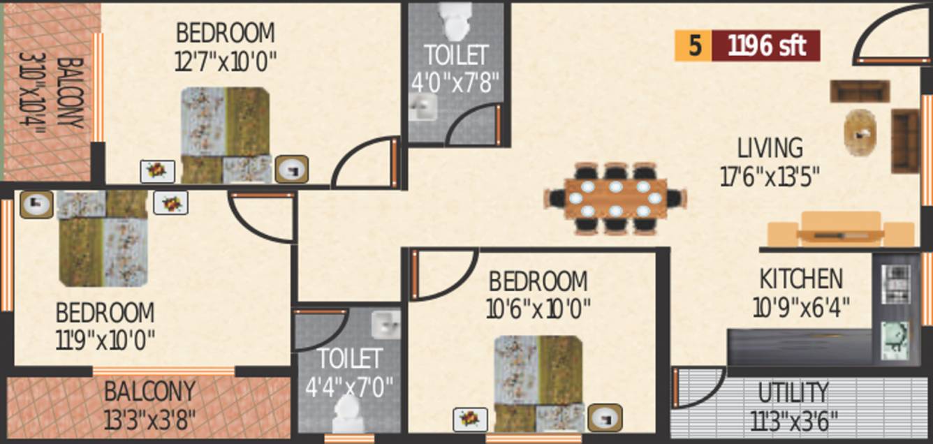  Sunrise (2BHK+2T (1,196 sq ft) 1196 sq ft)