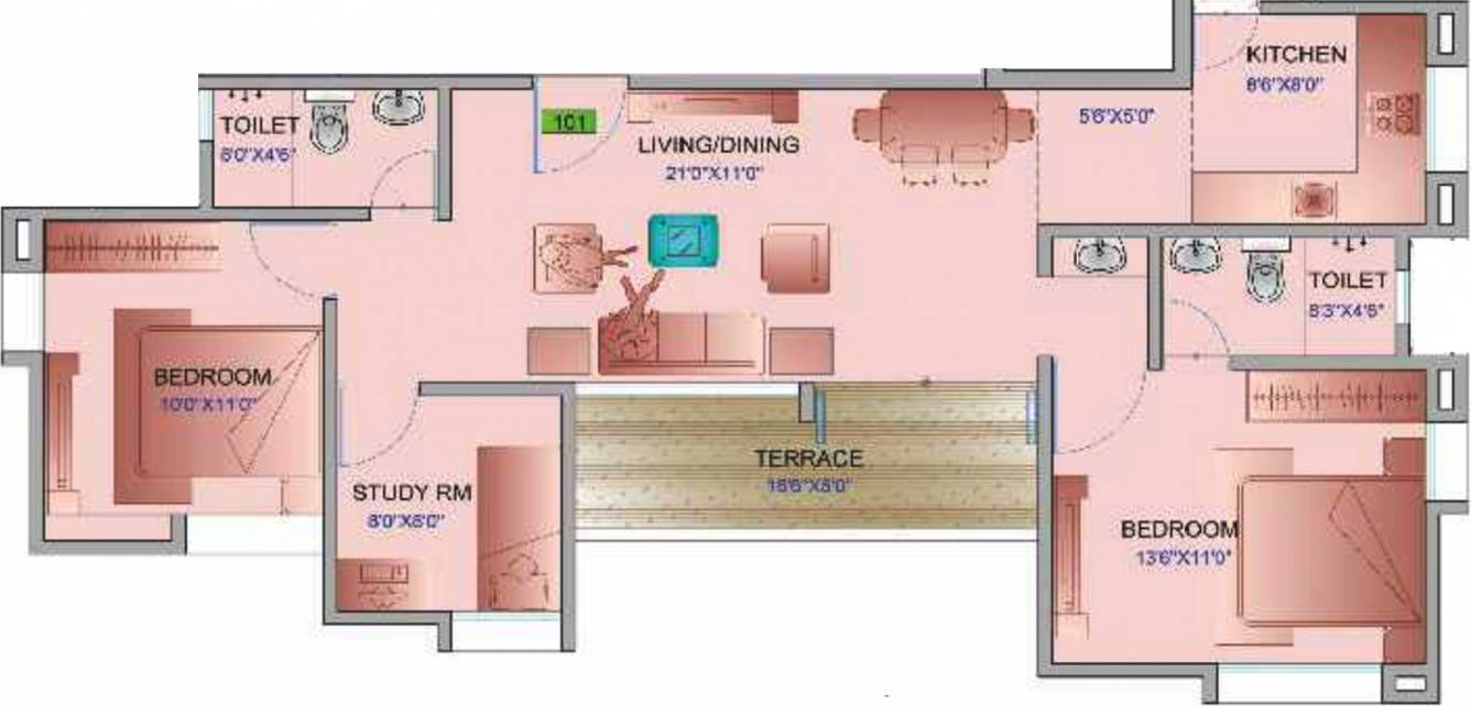 Landmark Primrose (2BHK+2T (1,139 sq ft)   Study Room 1139 sq ft)