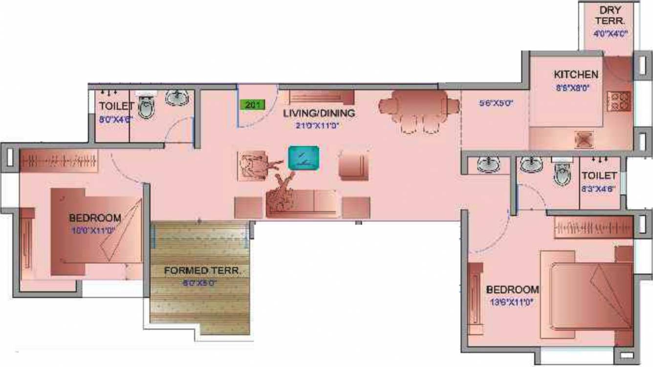 Landmark Primrose (2BHK+2T (1,037 sq ft) 1037 sq ft)