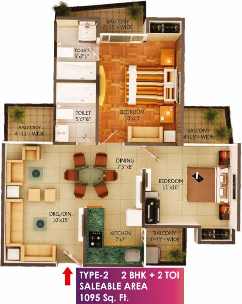 MSS Bliss Homes (2BHK+2T (1,095 sq ft) 1095 sq ft)