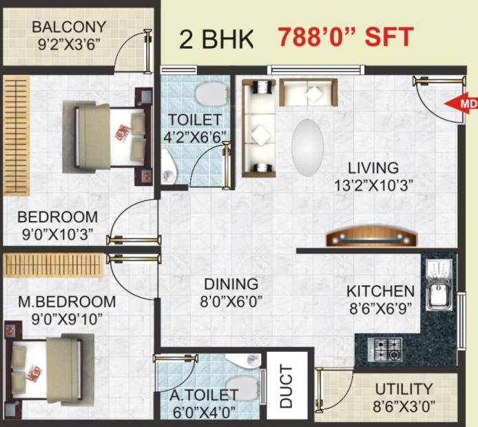 Balaji Serenity (2BHK+2T (788 sq ft) 788 sq ft)