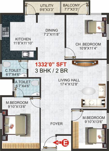 Balaji Serenity (3BHK+2T (1,332 sq ft) 1332 sq ft)