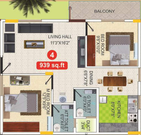 VH Royal Mist (2BHK+2T (939 sq ft) 939 sq ft)