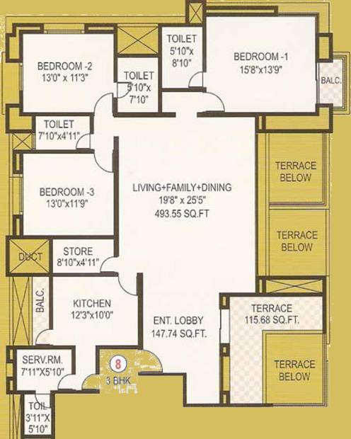 Kirti Ascent (3BHK+3T (2,105 sq ft)   Servant Room 2105 sq ft)