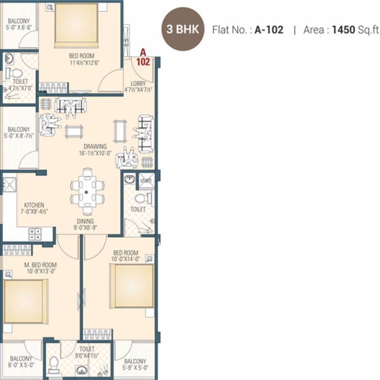 Aradhana Bhavyaa Glory (3BHK+3T (1,450 sq ft) 1450 sq ft)