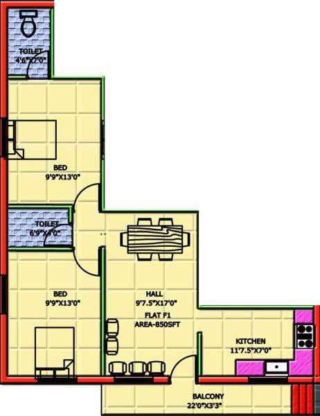 Floor Plan (2BHK+2T (850 sq ft) 850 sq ft) Iniya Illam Constructions Maruthi Nagar Floor Plan (2BHK+2T (850 sq ft) 850 sq ft)