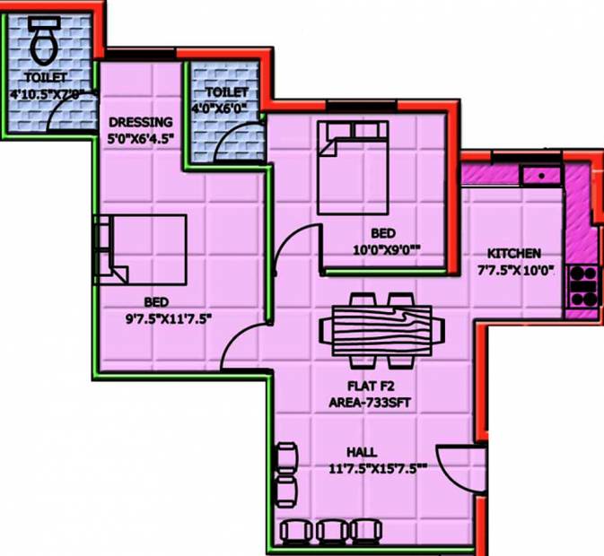 Iniya Illam Constructions Maruthi Nagar Floor Plan (2BHK+2T (733 sq ft) 733 sq ft)