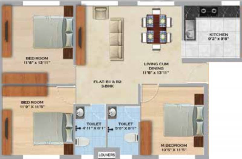 MS Orange County Apartments (3BHK+2T (1,182 sq ft) 1182 sq ft)