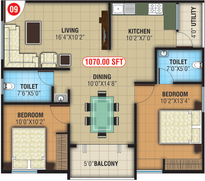 NCN Diamond (2BHK+2T (1,070 sq ft) 1070 sq ft)